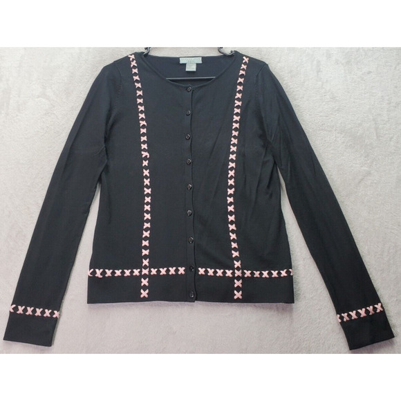 August Silk Logic Cardigan Women Medium Black Knit Silk Long Sleeve Button Front - Picture 1 of 8